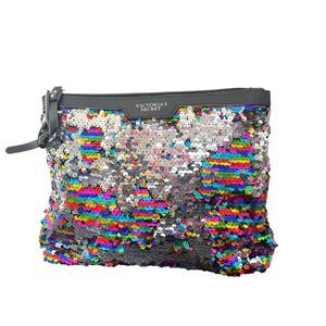 Victoria's Secret Rainbow Sequin Makeup Bag Clutch Wristlet Strap Zip‎ Pouch